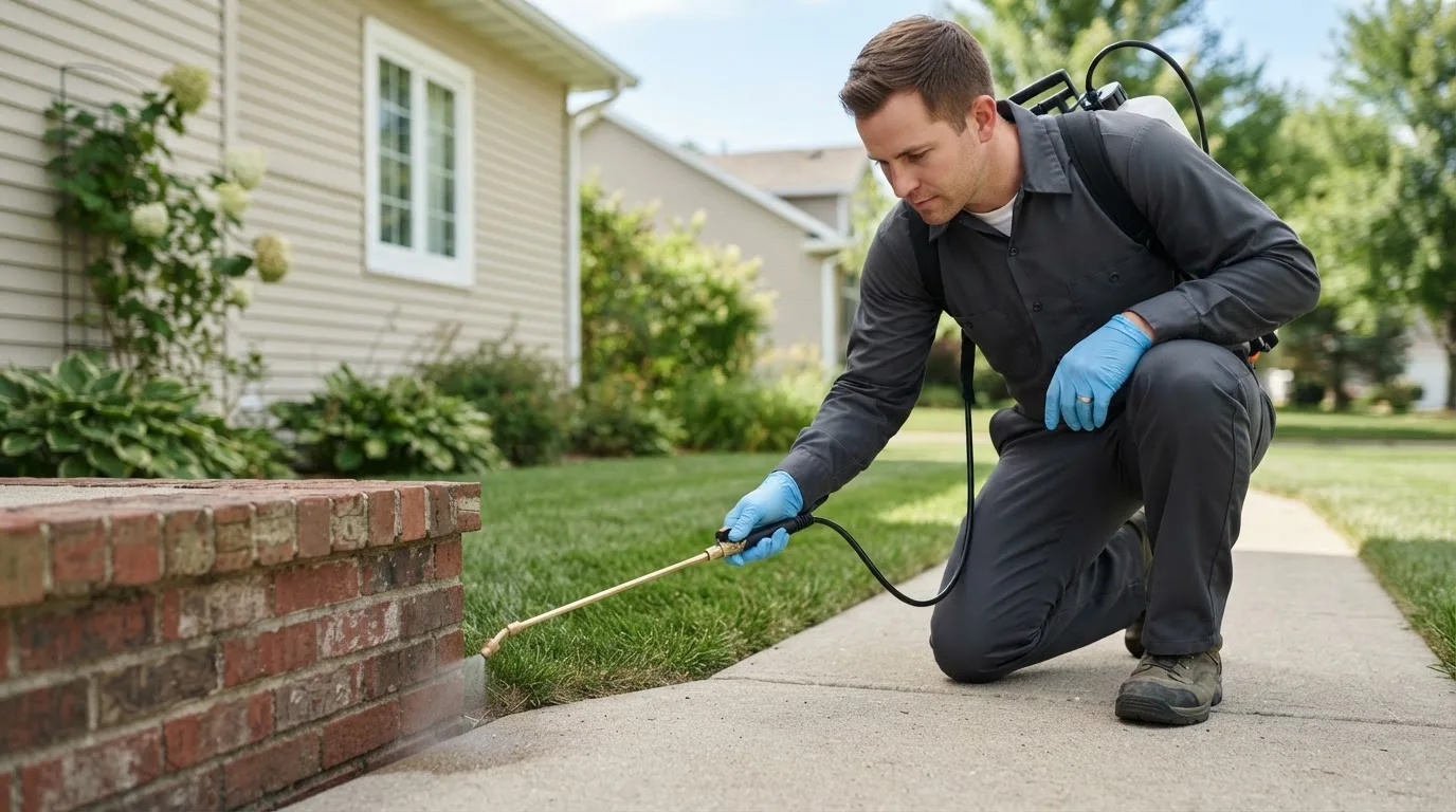Pest control technician treating a home near Olga, WA