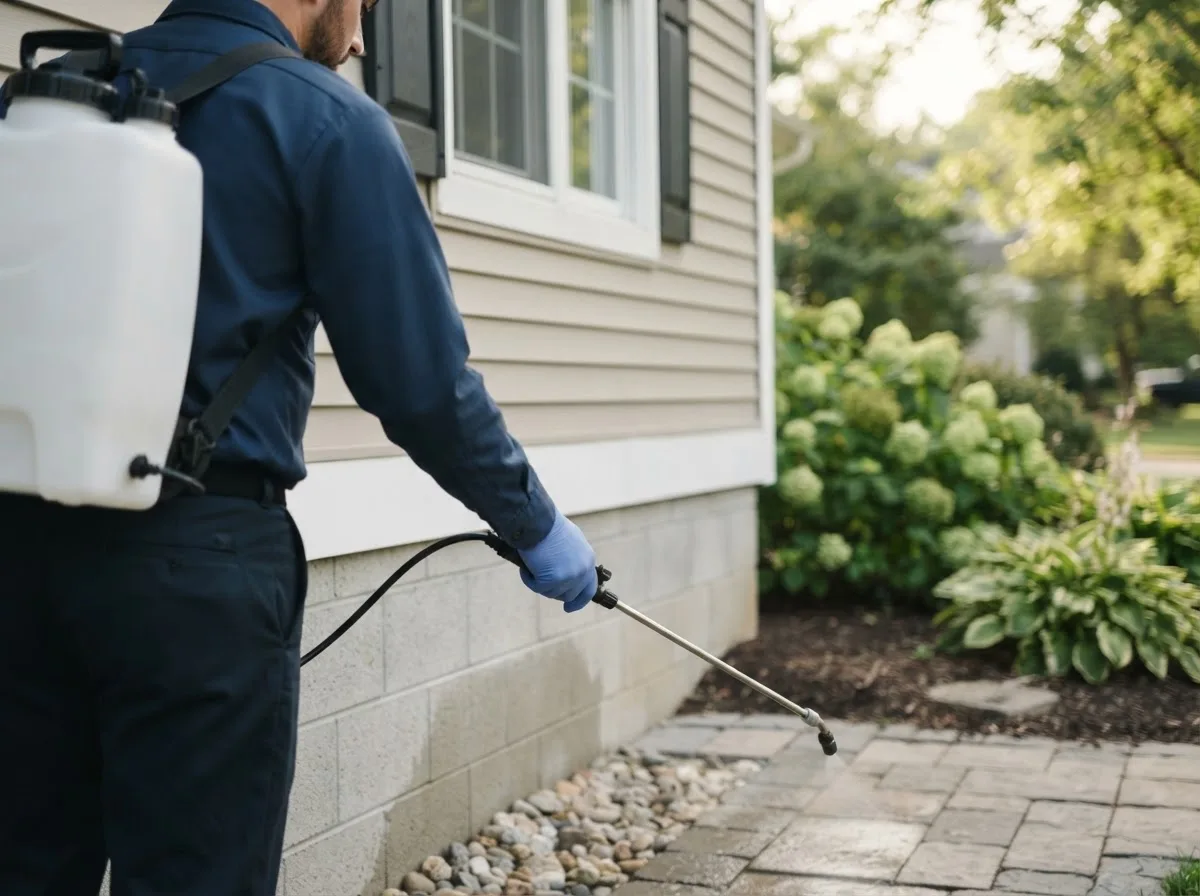 Pest control technician inspecting a home in Olga, WA